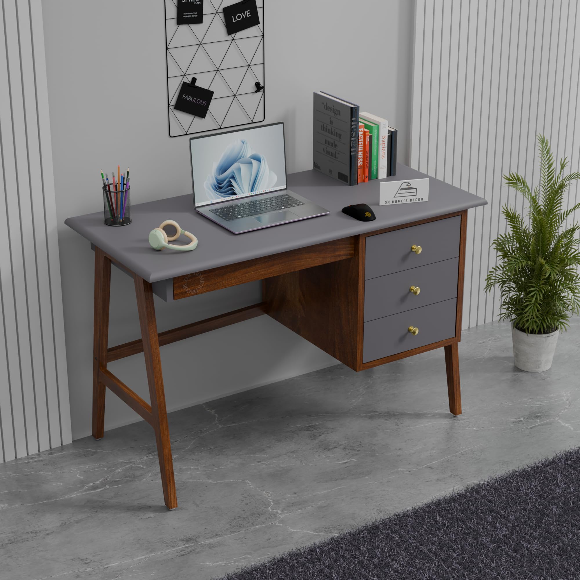 DR HOME'S Decor Mid-Century Modern Wooden Study Table with 3